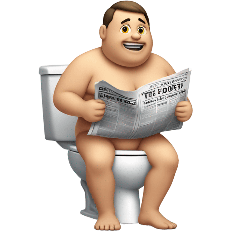 fat guy sitting on toilet reading newspaper no shirt front view emoji