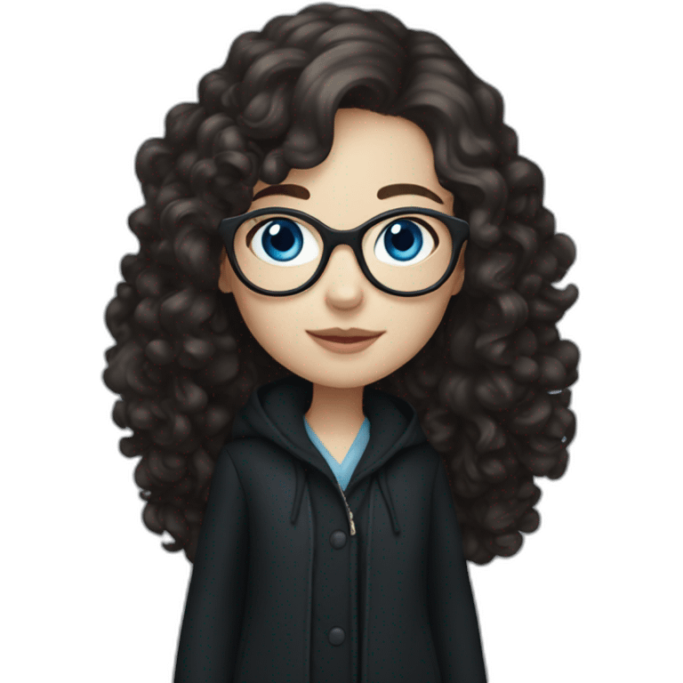 full length girl in a black coat, glasses with big blue eyes and white skin and curly dark browny long hair emoji