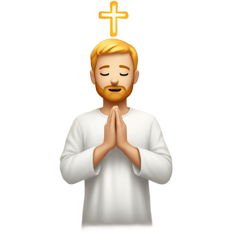 man with orange beard, short blond hair as he praying, with a holy shine behind him emoji