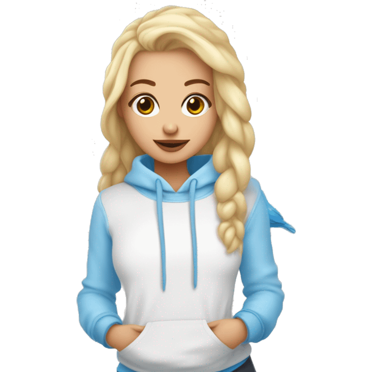 Crea una chica de piel blanca pelo cafeclaro con una sudadera azul claro y que tenga alado unos pajaritos agapornis  emoji