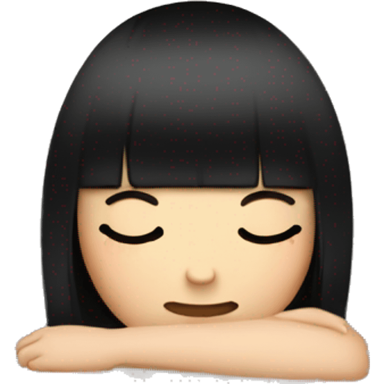 Woman pale skin black hair with bangs sleeping in bed with pillow, white woman emoji