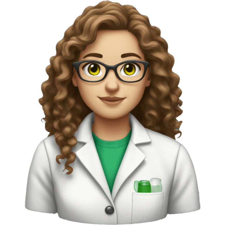 white girl with long brown curly hair and green eyes with glasses in a lab coat emoji