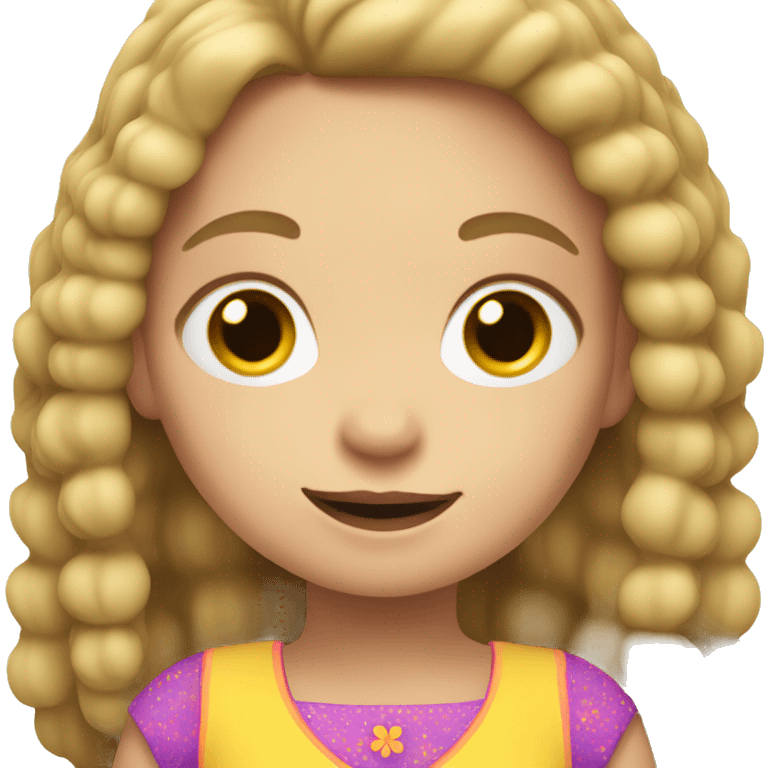 Emoji of a small white girl, 5 years old, with straight dark blonde hair. She has a cheerful expression and is wearing a colorful dress emoji