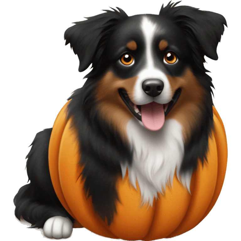 Small black australian shepherd dog in a pumpkin emoji