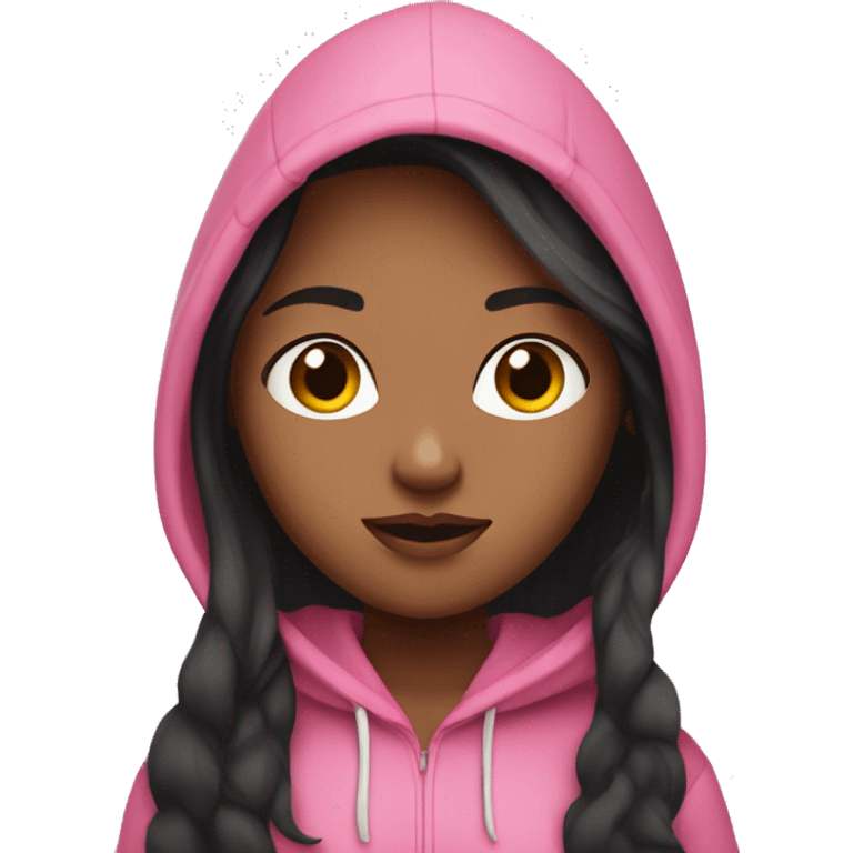 Medium color skin girl with black long hair in a pink hoodie emoji