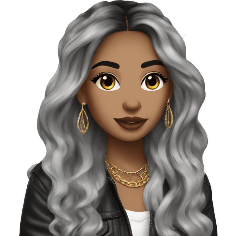 Glamorous, streetwear, black balayage hair, long wavy hair, olive skin, brown almond eyes, winged eyeliner with big lashes, wearing hooped earrings, rings and bracelets  emoji