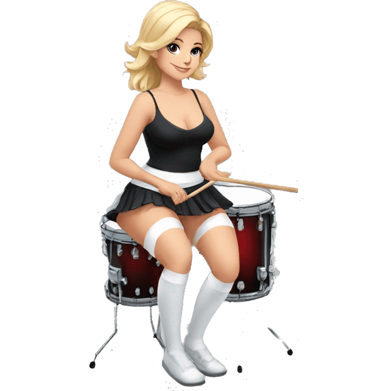 alistic full body caucasian curvy beauty short black skirt front view knickers long white socks sitting playing red drumkit emoji