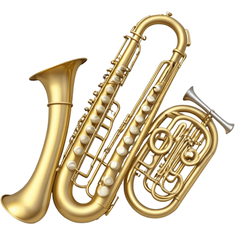 Create a professional, harmonious emoji collage symbolizing wind instruments.  The instruments should be in metallic gold, silver, and brass tones, with subtle reflections to convey a professional and polished appearance. Add soft musical notes or soundwaves to surround the instruments, creating a sense of movement and sound. The background should be transparent, ensuring all instruments are the focus and the composition remains harmonious and balanced. emoji