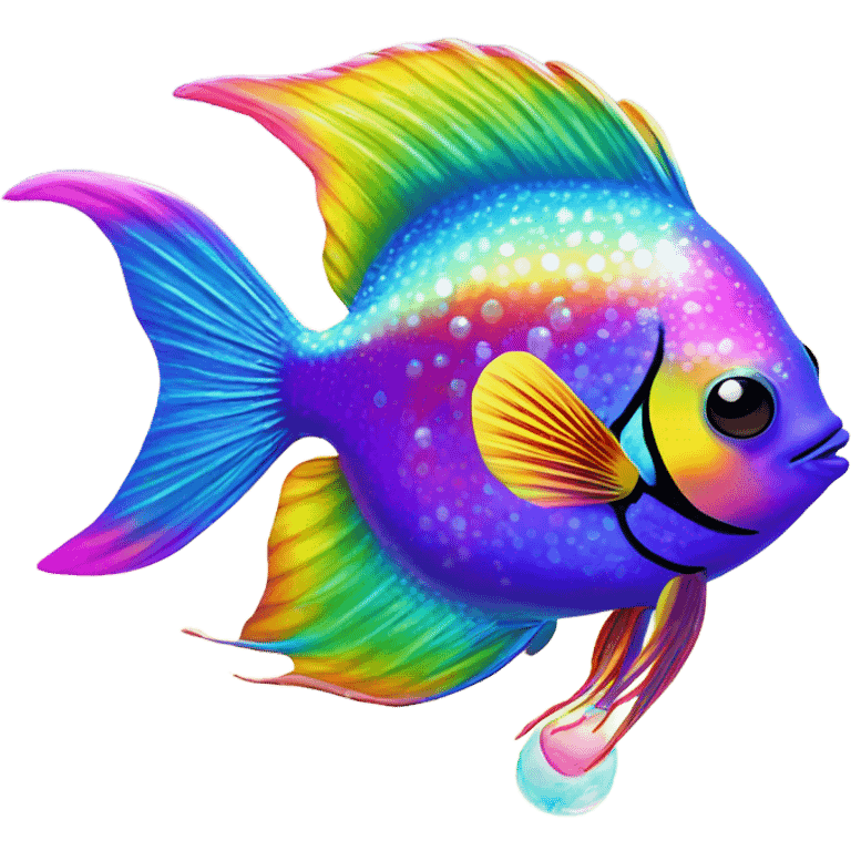 Lisa frank sparkly rainbow angel fish with heart bubbles emoji