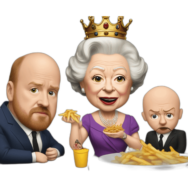 Queen Elizabeth II eating fries with louis c.k. And Warwick davis emoji