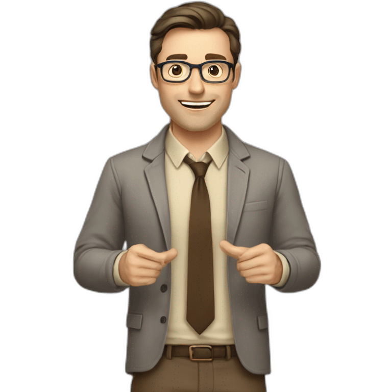 To belt Actively gesturing with hands Pale skinned fit man teacher with dark brown hair in gray jacket, beige office shirt, brown tie, brown pants and vintage glasses. emoji