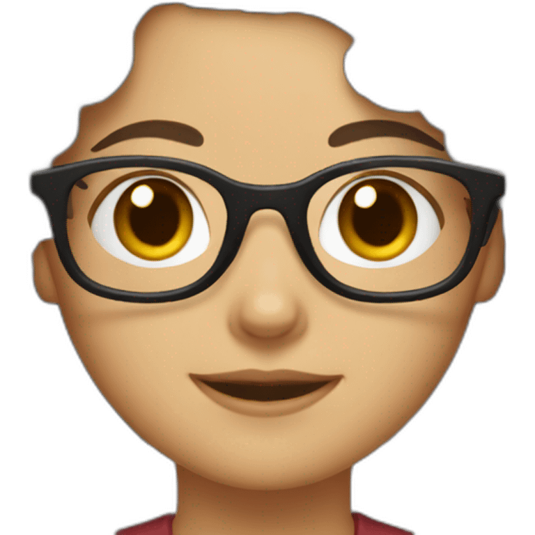 girl with short shoulder-length hair, brown with some gray hair, curly hair, red maroon glasses emoji