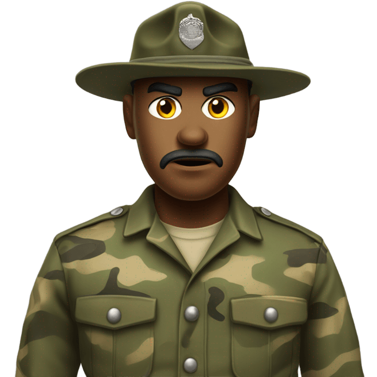 drill sergeant character wearing a classic sergeant hat and a camouflage army shirt. The character should have an angry intense expression. full torso emoji