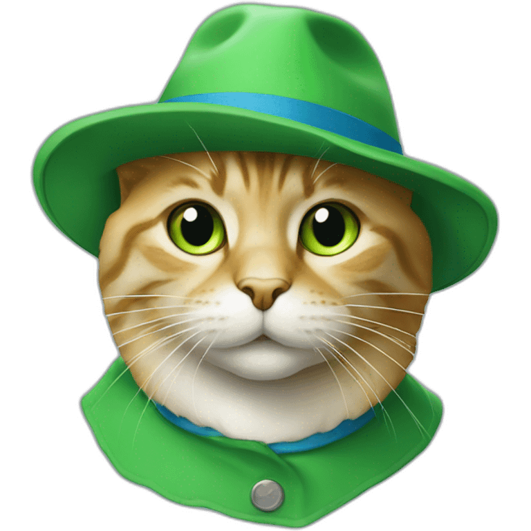 Un chat vert qui porte un chapeau bleu emoji