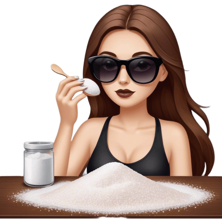 White woman with long brown hair and dark sunglasses sprinkling table salt on top of makeup emoji