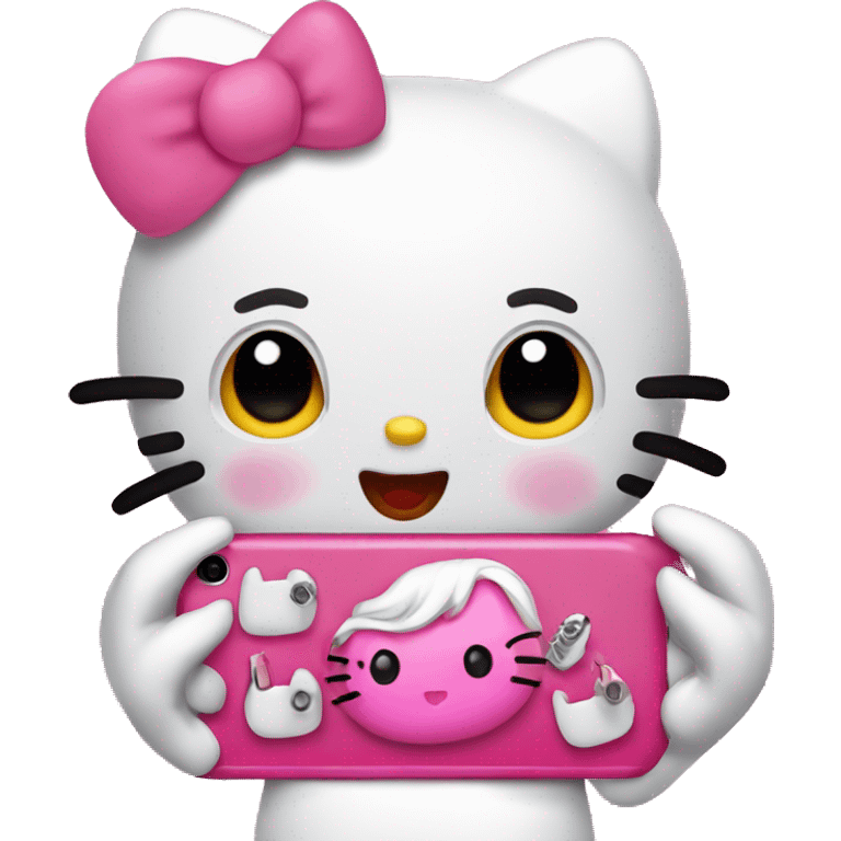 Hello kitty with long pink nails and big lips and is holding an iPhone and have long eyelashes  emoji