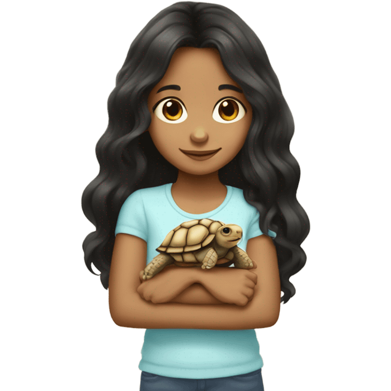 Little girl with wavy long black hair and light tan skin holding a tortoise emoji