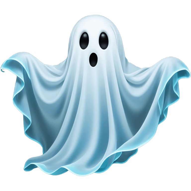 A hilariously exaggerated floating sheet ghost, its simple yet expressive form billowing with animated energy in vibrant whites and pale blues, with two wide, comically shocked eyes and a quirky, startled mouth, simplified yet overflowing with personality, highly detailed with a soft neon-like glowing outline, capturing the playful absurdity of a ghost caught off guard! emoji