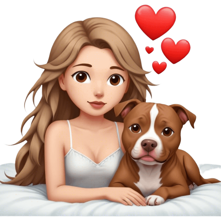 A pretty girl with long feathers hair cascading down her face sits on the bed with her brown pit bull ￼ laying beside of her heart is flying all around emoji