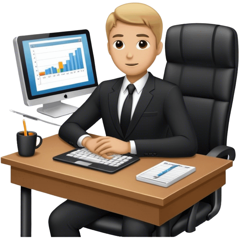 a business man wearing a black suit sitting on his office day trading emoji