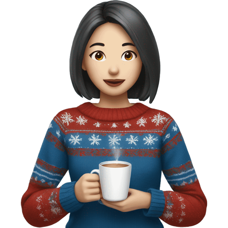 Asian girl drinking coffee wearing blue Christmas sweater emoji