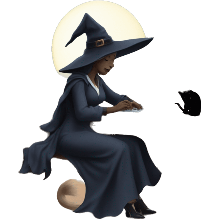 witch who works an office job with a computer and a coffee and a book of spells sitting outside under a full moon with a cat emoji