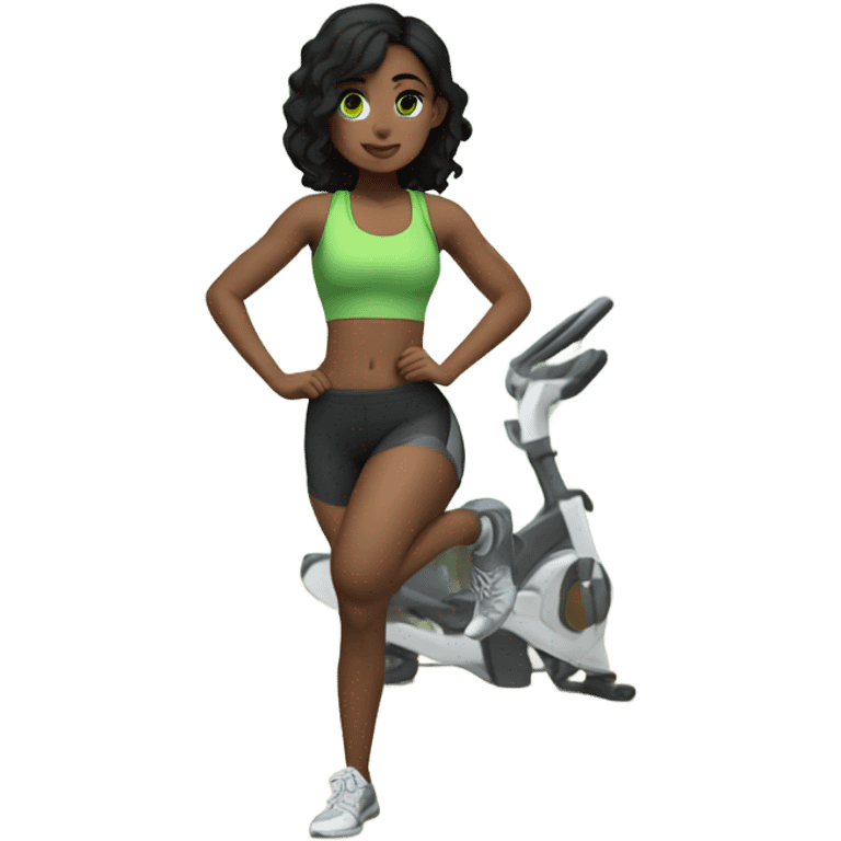 a girl with black hair and green eyes at the gym emoji