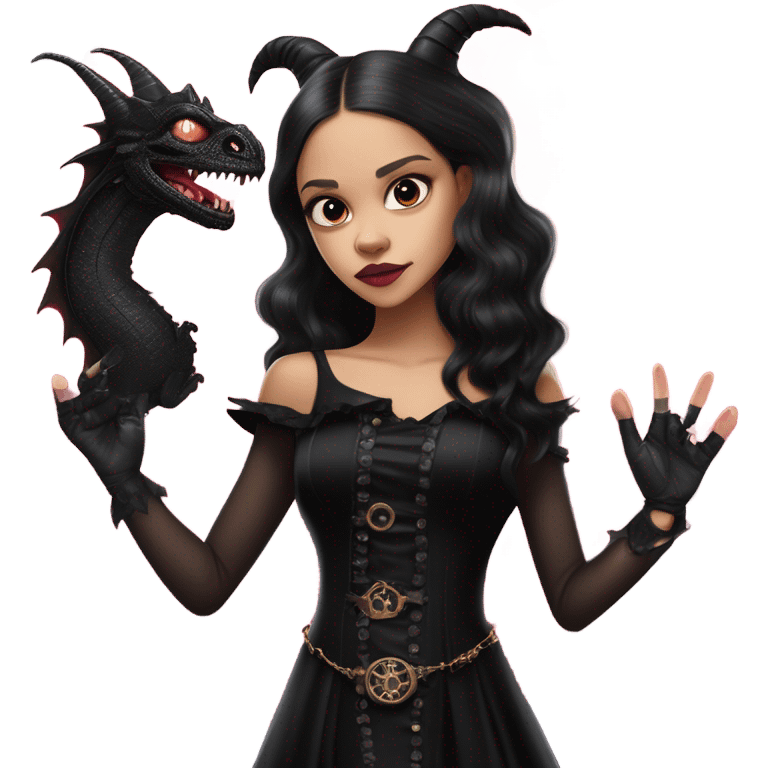 healthy standing flirty Lavish black evening gown with see-through gloves, Jenna Ortega as Addams woman wearing a steampunk mini tiara, very large blood moon pink evil-looking horned old dragon emoji