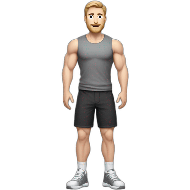 Full height Pale skinned fit man With biceps, Realistic eyes and mouth, light brown hair and stubble In dark gray sleeveless mike, black oversize sports shorts, watch and white sneakers. emoji