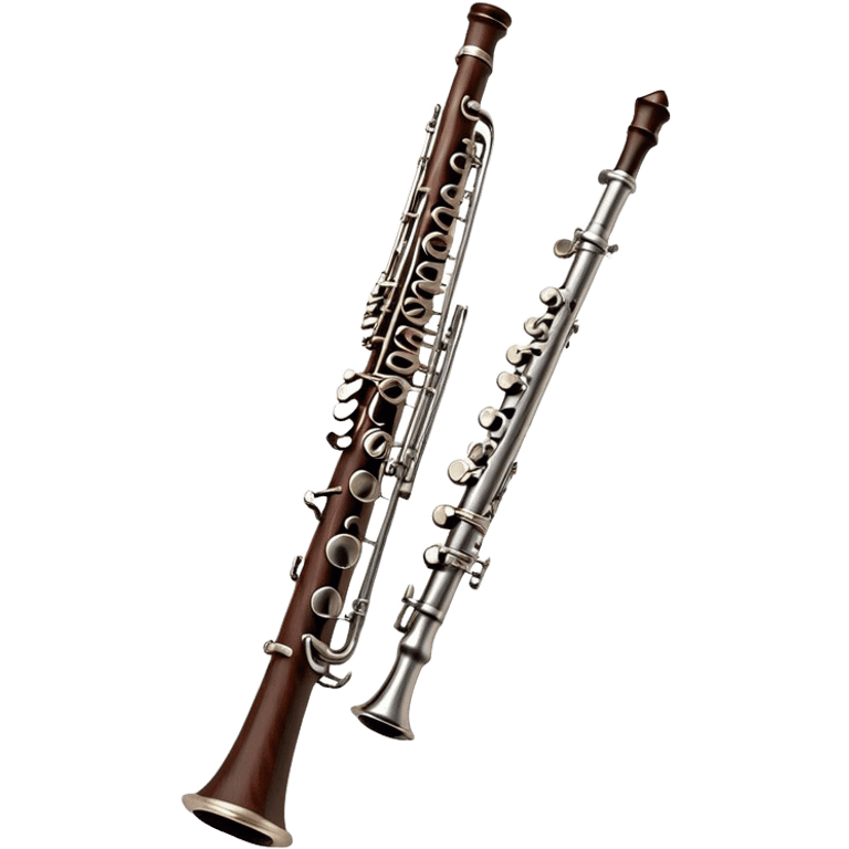 Cinematic Realistic Oboe, slender and elegant dark wood body, silver-plated keys catching soft highlights, delicate reed resting at the top, glowing with refined and classical beauty. emoji