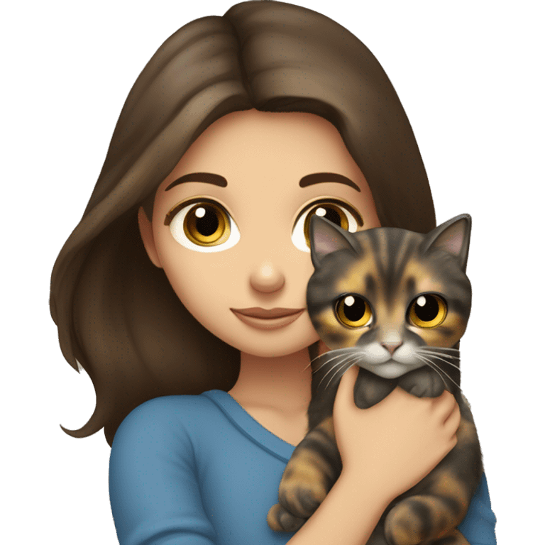 “blue-eyed brunette girl” holds “gray yellow-eyed tortoiseshell cat” in her arms emoji