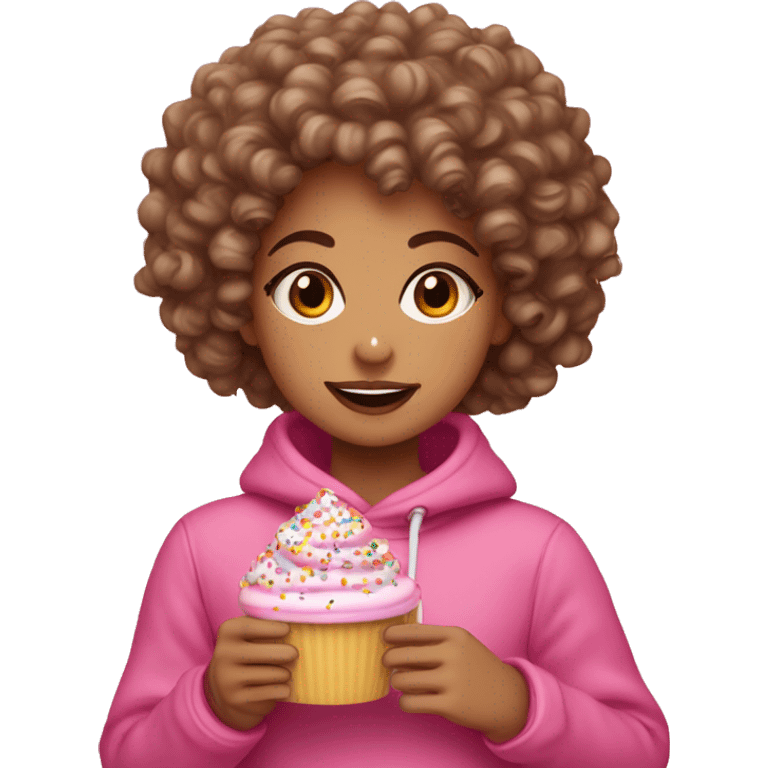 A lightskin girl with curly hair dressed in fall attire eating a pink frosted doubt with sprinkles  emoji