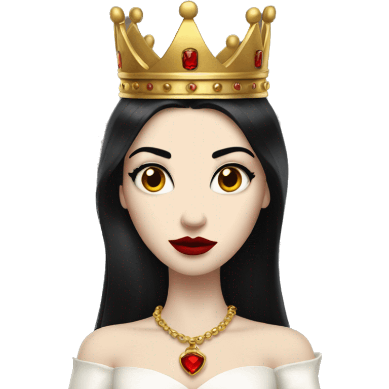 Queen with pale skin, long black hair, bright red lips, skinny gold crown, white dress, and evil stare.  emoji