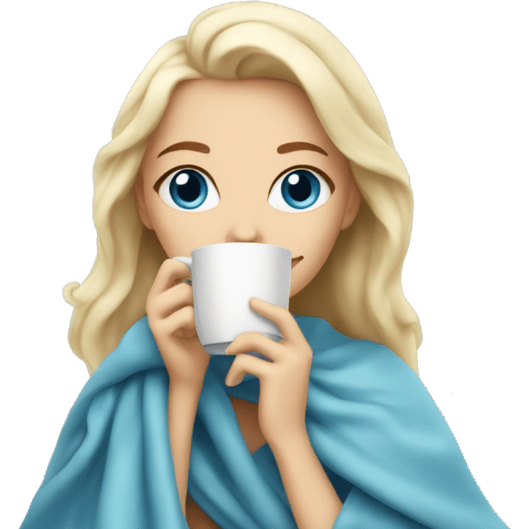 blonde girl with a White soft blanket sipping coffee blue eyes  emoji