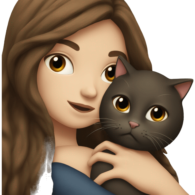 white woman with very long brown hair and  hugging a black cat emoji