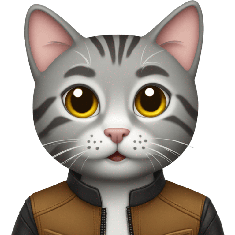 cute gray tabby cat in leather jacket emoji