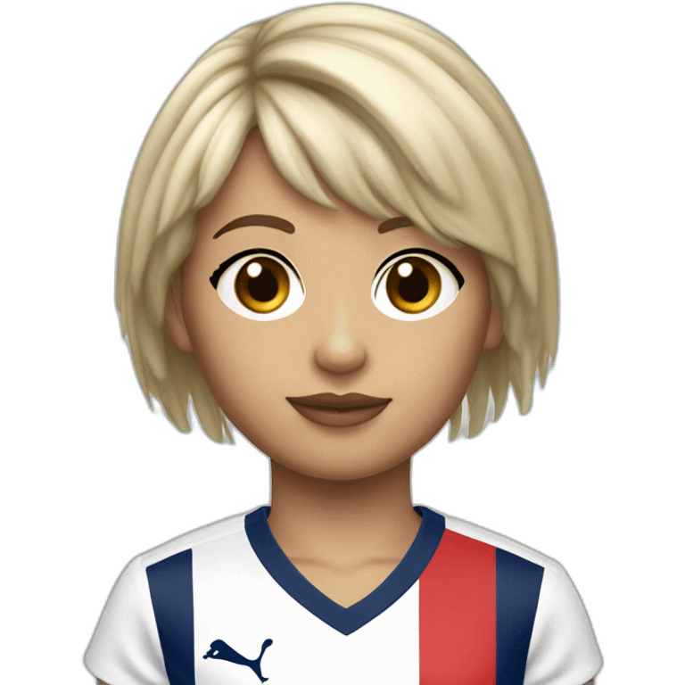 Tye and die blonde short hair fringe girl, grey eyes, a 1980 PSG jersey and a baguette emoji