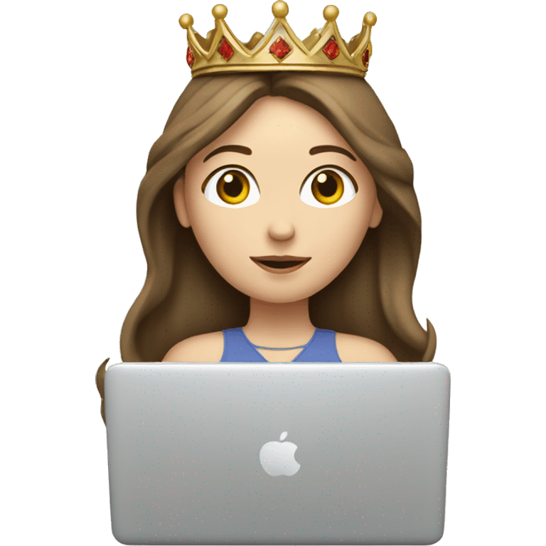 Pale white brunette girl on laptop wearing a crown with brown hair emoji