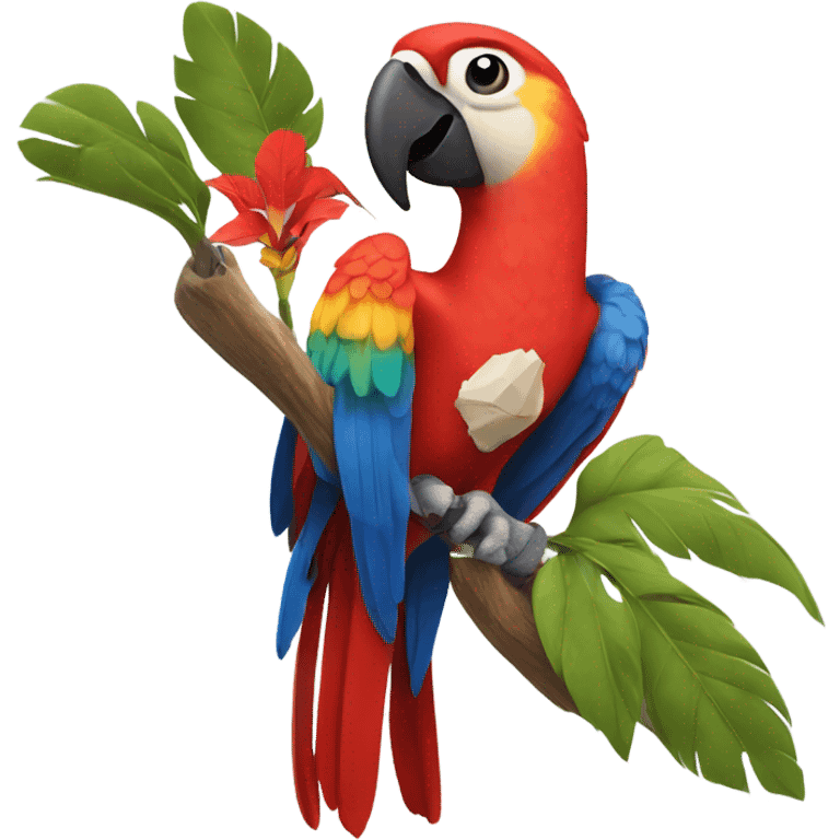 Scarlet macaw on a branch with a tooth pick and a cowboy hat emoji