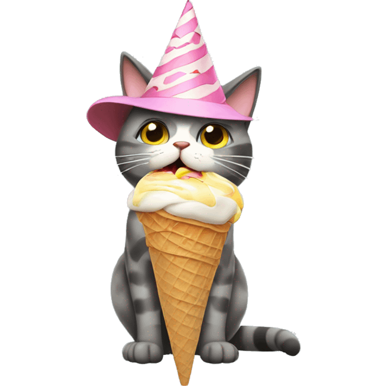 Cat wearing a birrhday hat and licking an ice cream cone emoji