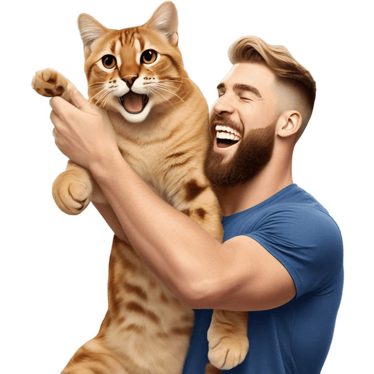 Travis Kelce and Taylor swift holding a bengal cat in the air like simba from the lion king emoji