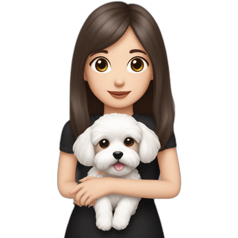 girl brunette with long straight hair dressed in black top hold on the hands, dressed small white puppy girl maltipoo with pink collar emoji