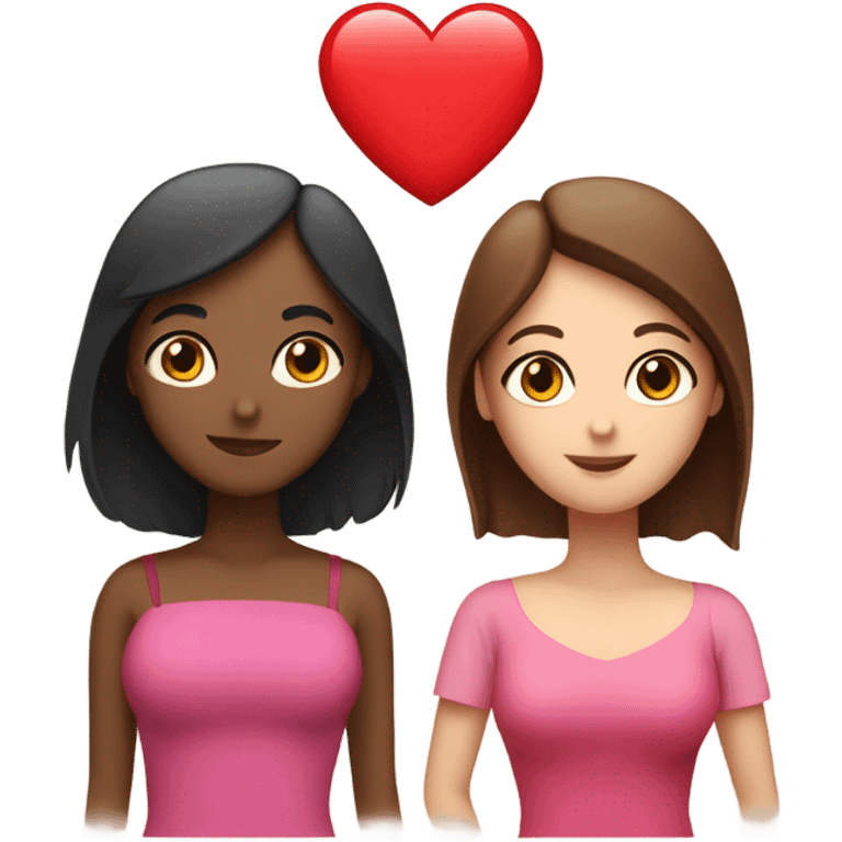 two ladies in love with a heart. the one on the left is a white lady with blue eyes and a brown bob with a pink shirt. the second is a venezuelan lady with brown eyes and dark brown hair with a red dress emoji