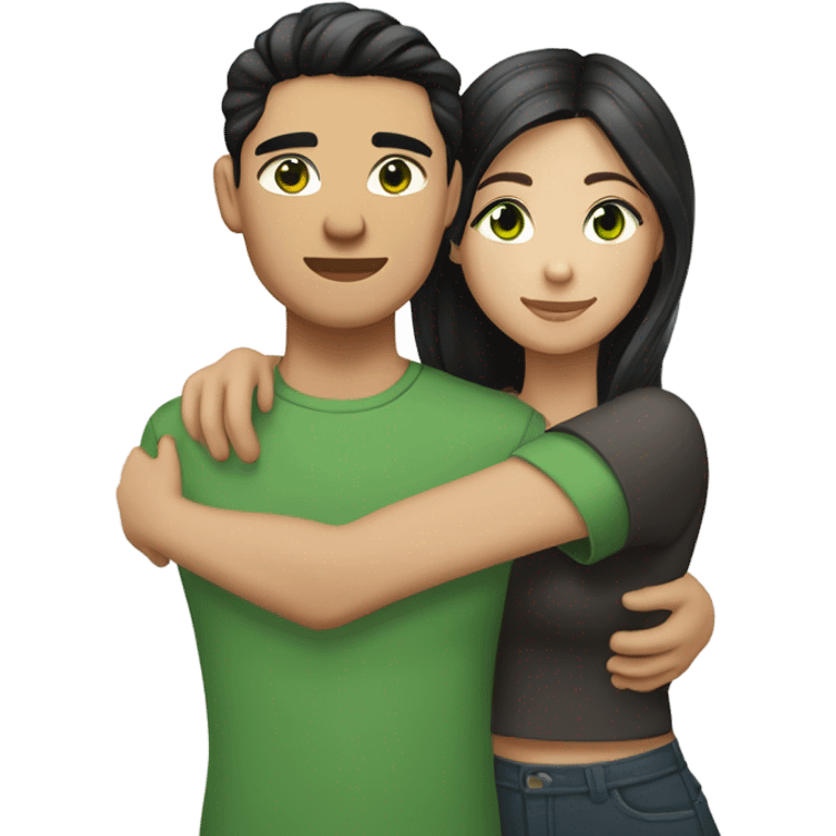 Light skin Asian male with undercut straight black hair and white female with green eyes and long brown wavy hair tightly hugging each other  emoji