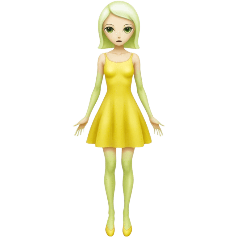 white alien woman full body Green eyes in jellow  dress emoji