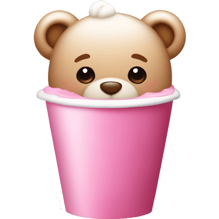 Cute teddy bear with a pink bow drinking a pink foam latte  emoji