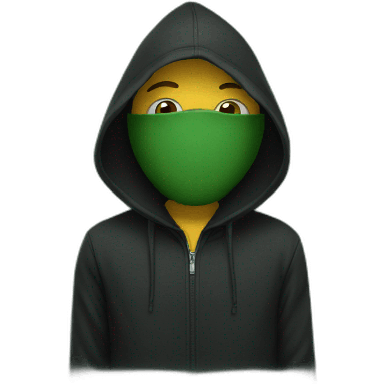 a person with black hoodie(hide his face) green background emoji