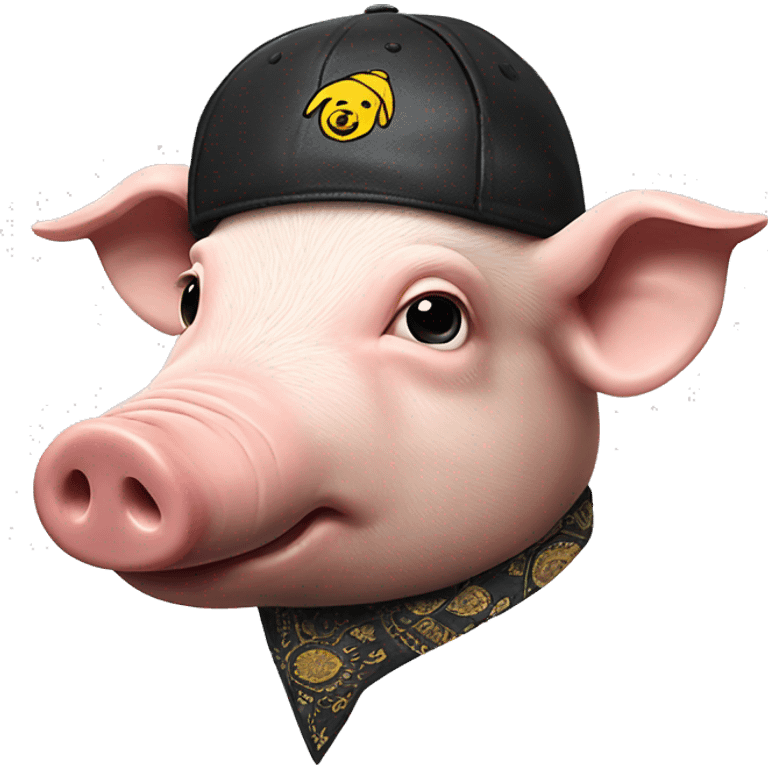 Pig head with black leather Muir cap yellow paisley bandana around neck emoji