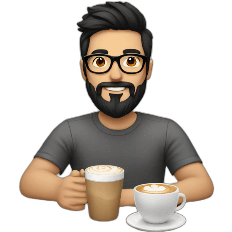 Hipster with black hair, beard and glasses drinking cappuccino   emoji