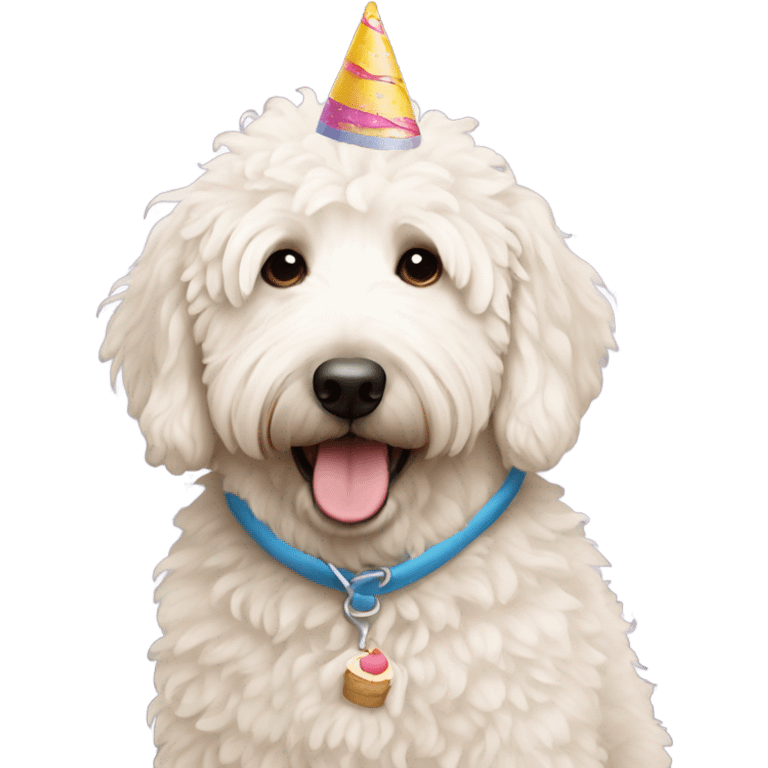 white golden doodle carrying a birthday cake  emoji